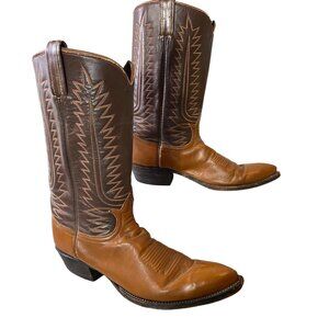 Tony Lama Two-Tone Leather Western Cowboy Boots Tan Dark Brown
